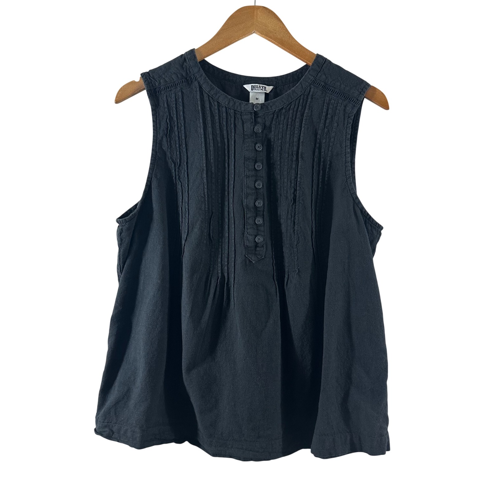 Duluth Trading Co Black Hemp Organic Cotton Pintuck Sleeveless Blouse Womens M